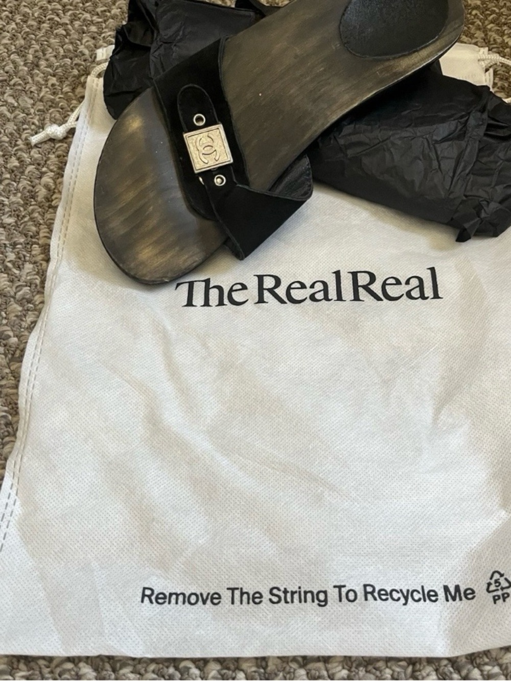CHANEL Black Slide Sandals with Silver CC Plaque